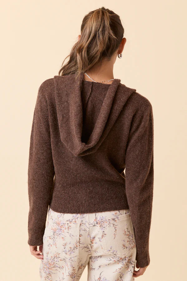 Brown Hooded V-Neck Surplice Sweater