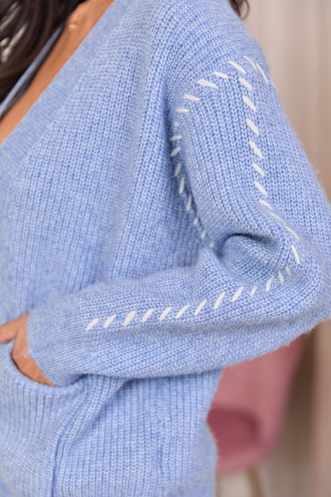 Periwinkle And White Whip Stitch Open Cardigan