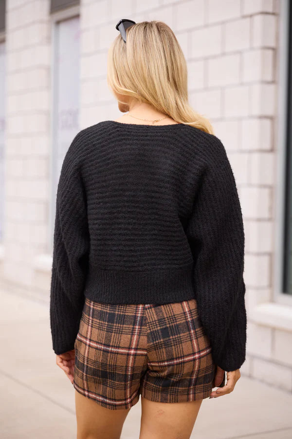 Front Twist Heathered Black Sweater