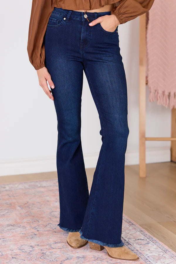 Dark Wash Frayed Hem Flare Jeans